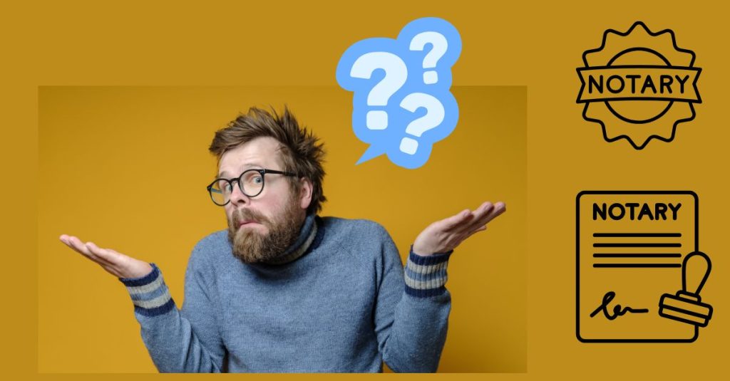 Man wearing black-rimmed glasses and a blue sweater, shrugging with his palms up at shoulder height, with a confused expression on his face. A notary embossed seal and ink stamp vector drawings are to the right.