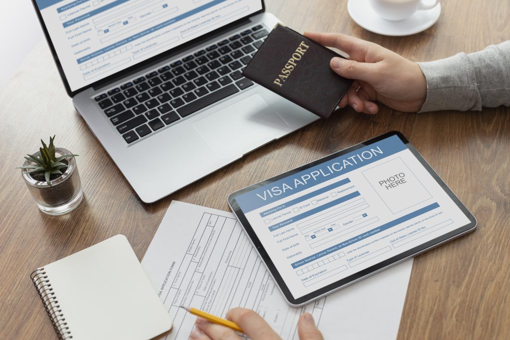 Laptop, visa application, and hand of person holding passport, with a tiny succulent to the left of the laptop.